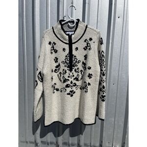 Northstyle Stencil Pattern Nordic Cream Black Turtle Neck 1/2 Zip Sweater Large